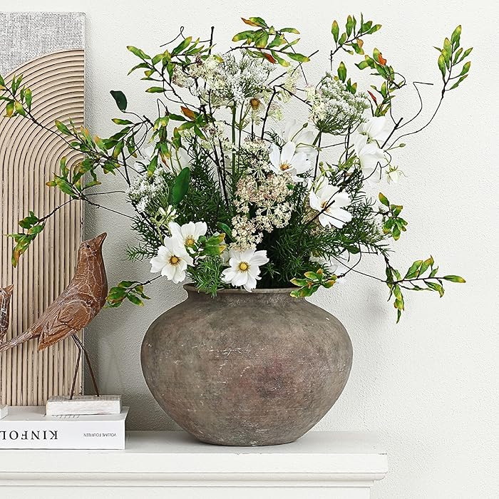 LuxenHome Rustic Ceramic Vase, 12" Wide Terracotta Pot with Earthy Gray-Brown Finish, Farmhouse F... | Amazon (US)