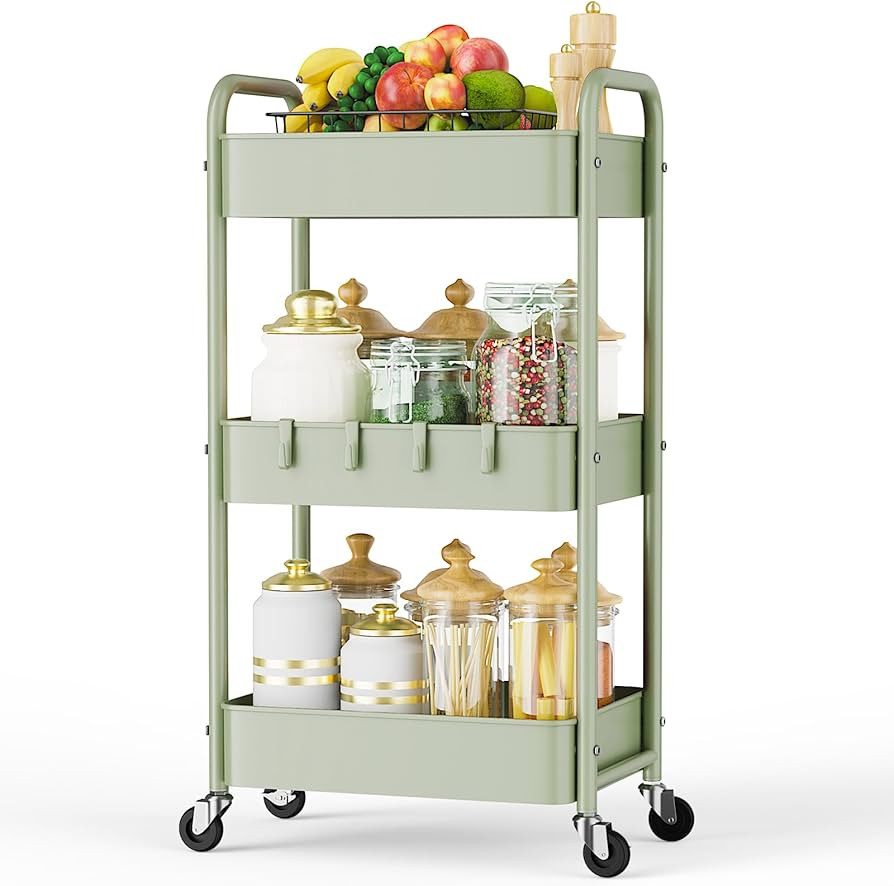 LEHOM 3 Tier Rolling Storage Cart, Metal Trolley Utility Cart with Wheels & Hooks, Easy Assembly ... | Amazon (US)