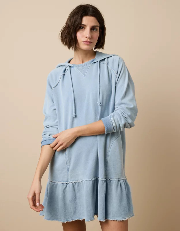 AE Fleece Hoodie Ruffle Mini Dress | American Eagle Outfitters (US & CA)
