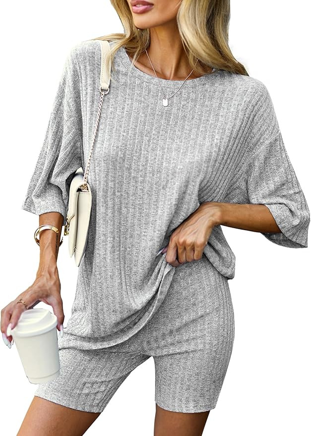 Ekouaer Pajamas 2 Piece Lounge Sets Ribbed Knit Matching Outfits T-shirt Biker Shorts Sleepwear L... | Amazon (US)