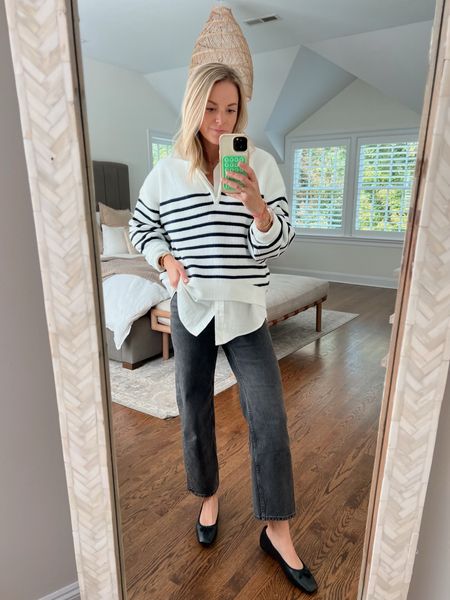 New striped sweater for fall under $100 with code COZY // wearing size small & available in 3 colors 
•jeans tts, size 26
•button down, size XS, runs oversized 
•ballet flats fit tts 

fall outfit, fall style, sweater weather 

#LTKfindsunder100 #LTKstyletip #LTKSeasonal