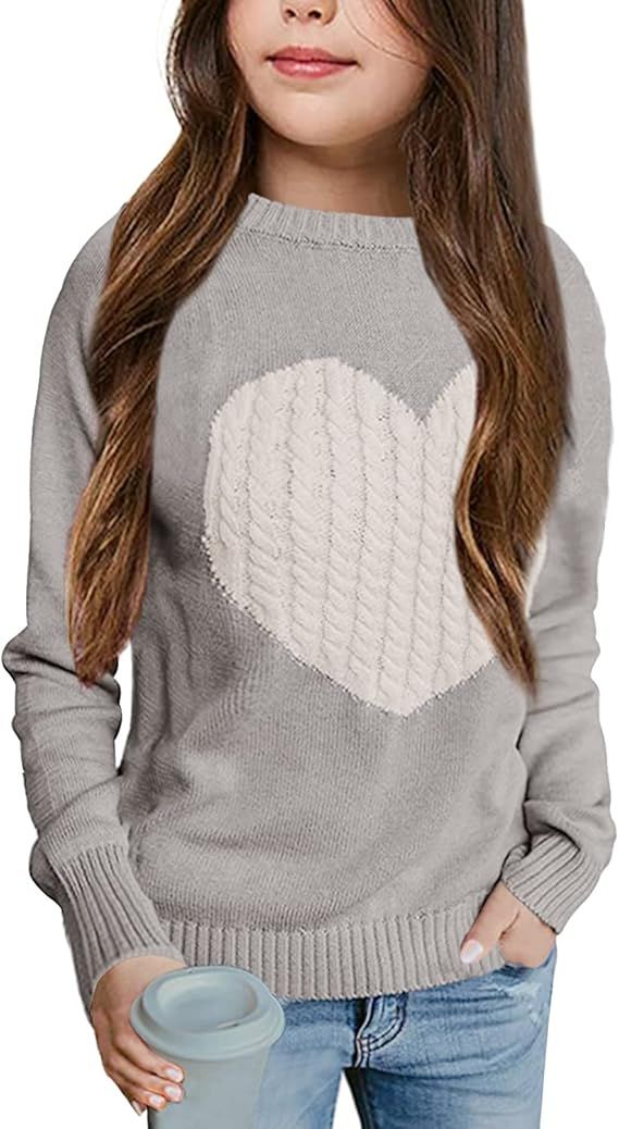 Batermoon Girls' Pullover Sweaters Long Sleeve Cute Heart Pattern Crewneck Knit Jumper Tops | Amazon (US)