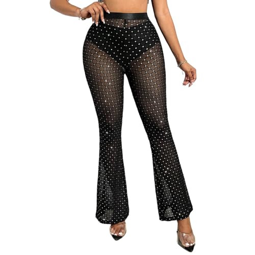 Women’s High Waist Rave Mesh Sheer Pants Flared Bell Bottom Pants for Rave Festival Dance Clubwear | Amazon (US)