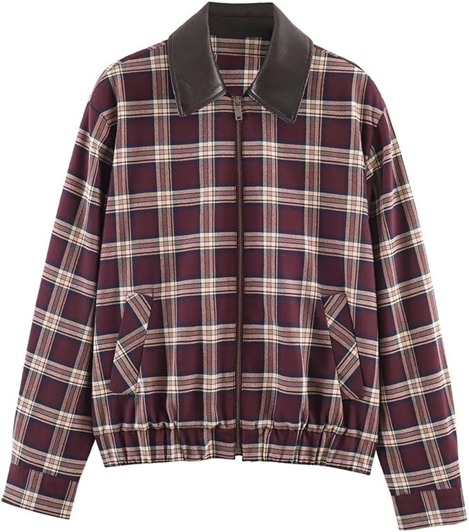 Chevara Women’s Check Bomber Jacket Vintage Faux Leather Lapel Collar Long Sleeve Zip Up Croppe... | Amazon (US)