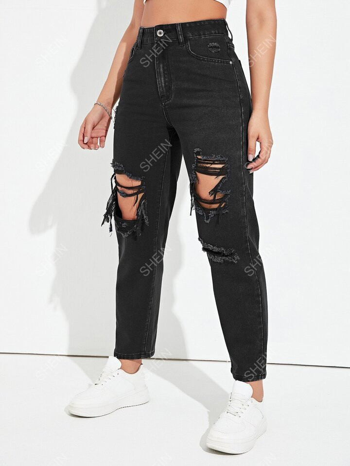 SHEIN EZwear Ripped Mom Fit Jeans | SHEIN