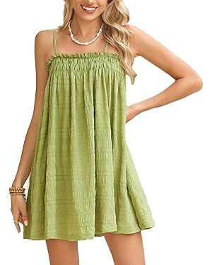 MakeMeChic Women's Sundress Beach Dress Sleeveless Ruffle Swing Shirred Casual Flowy Babydoll Sum... | Amazon (US)