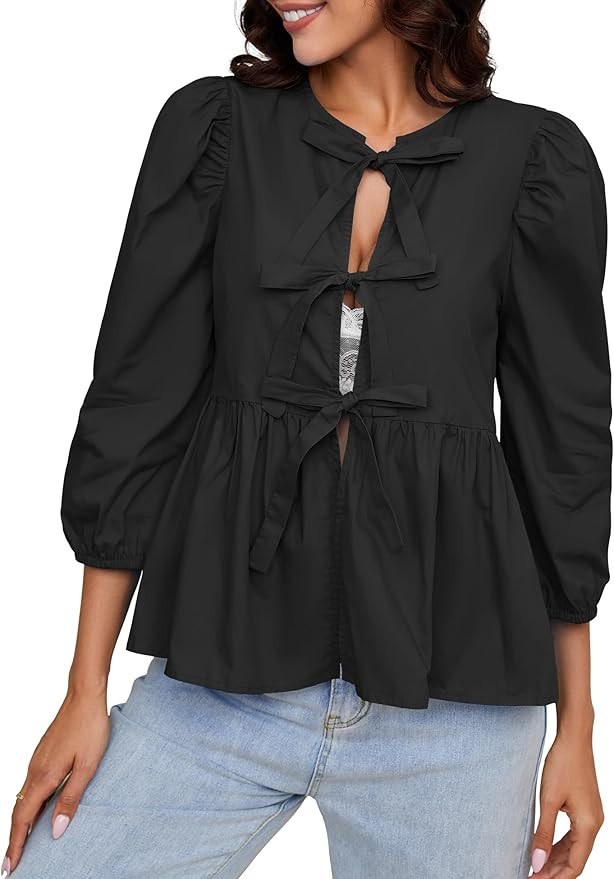 Rapbin Tie Front Tops for Women 3/4 Puff Sleeve Peplum Blouse Summer Cute Ruffle Hem Babydoll Bow... | Amazon (US)