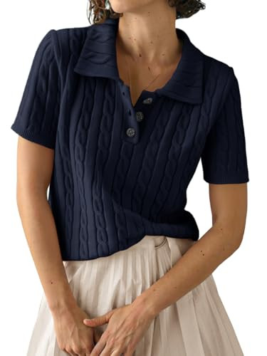 Imily Bela Womens Polo V Neck Pullovers Lightweight Short Sleeve Cable Knit Sweater Business Casual Summer Tops 2025 Navy | Amazon (US)