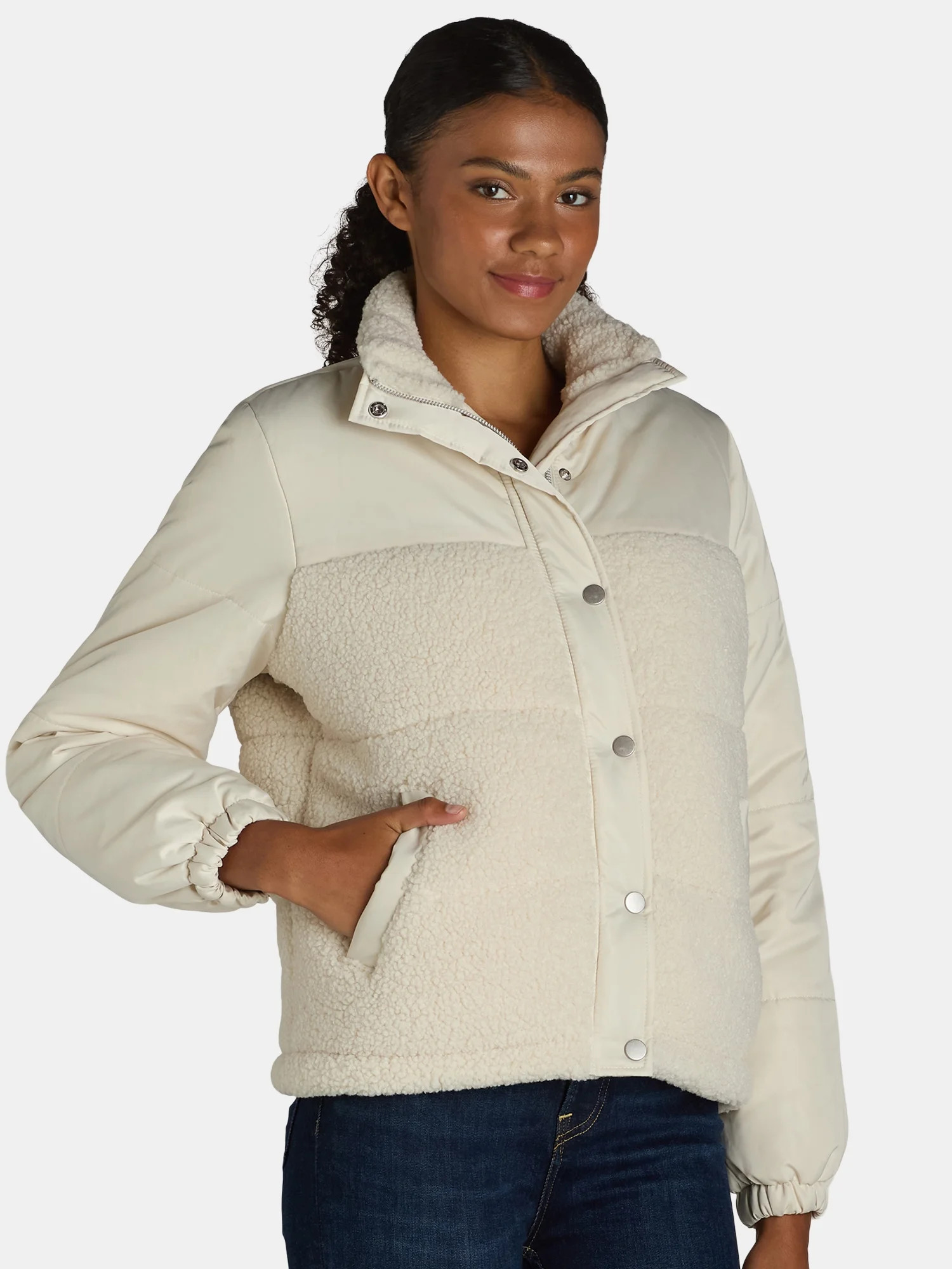 Time and Tru Women's and Women’s Plus Mixed Media Puffer Jacket, Sizes XS-3X - Walmart.com | Walmart (US)
