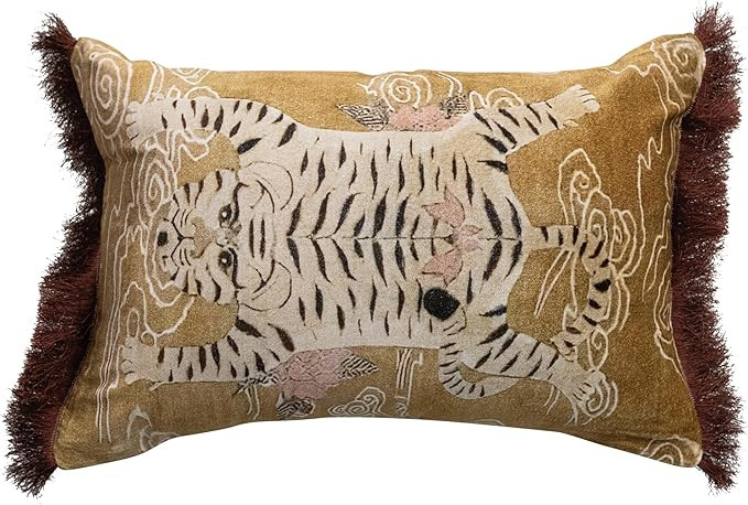 Creative Co-Op Tibetan Tiger Print Fringe Cotton Velvet Lumbar Pillow, Multicolor Finish | Amazon (US)