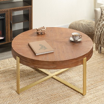 Okak 34" Round Coffee Table with Wood Top and Gold Cross Metal Legs Retro Accent for Living Room, Wood | Target