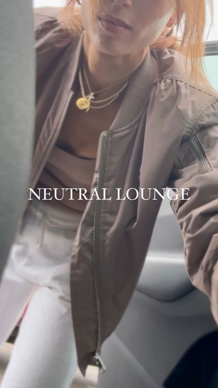 Neutral lounge
Tan Onesie bodysuit 
White sweatpants 
Tan bomber jacket 
Dad sneakers 
Gold jewelry

#LTKshoecrush #LTKfitness #LTKsalealert