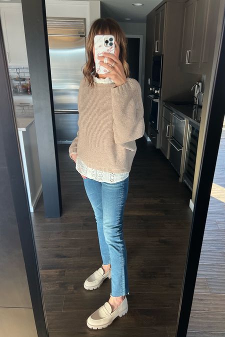 Neutral sweater outfit! I love these beige loafers for Spring! 

Abercrombie, Sezane lace blouse, AG jeans, Kohl’s, 9West loafers, neutral sweater, Spring transition outfit 

#LTKover40 #LTKshoecrush #LTKstyletip