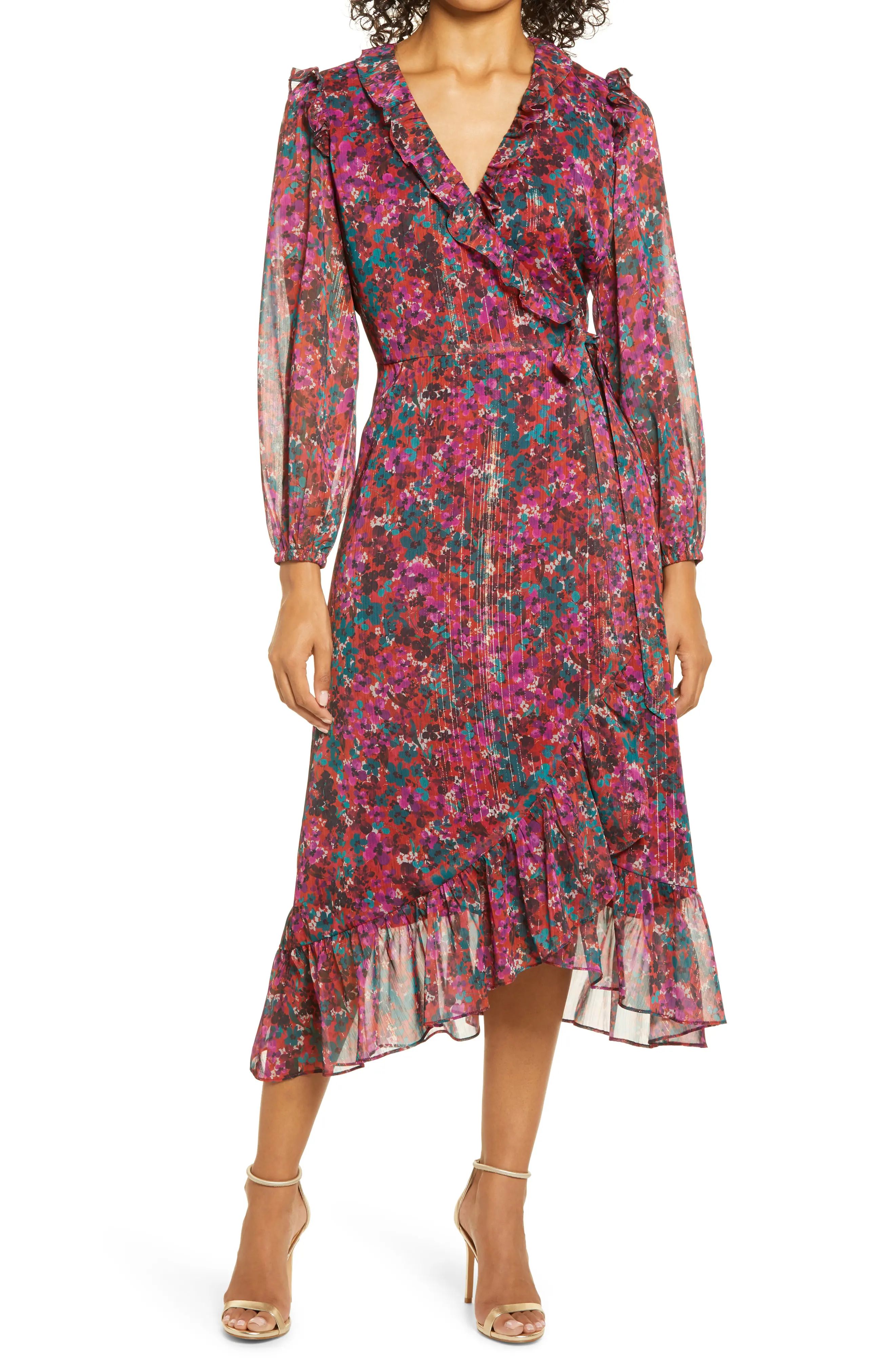 Women's Adelyn Rae Carleigh Floral Chiffon Long Sleeve Wrap Dress, Size X-Small - Purple | Nordstrom
