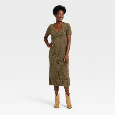 Women's Western Short Sleeve Scalloped Crafted Midi A-Line Dress - Universal Thread™ Brown M | Target