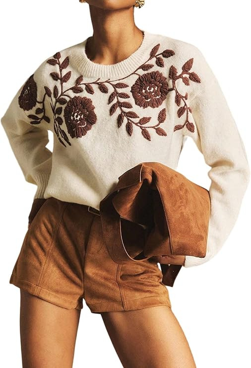 Verdusa Women's Boho Vintage Sweaters Floral Embroidery Fall Sweater | Amazon (US)