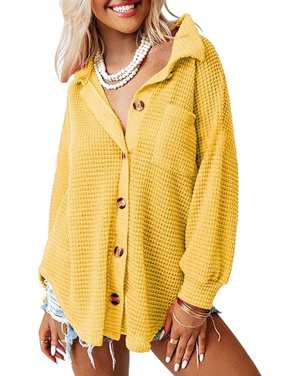 Dokotoo Womens Waffle Knit Shacket Jacket Casual Long Sleeve Button Down Shirts Dressy Blouses To... | Amazon (US)
