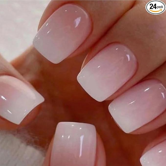 Nails Press ons,White Ombre Short Square Press on Nails Fake Nails Glossy Acrylic Artificial Nail... | Amazon (US)