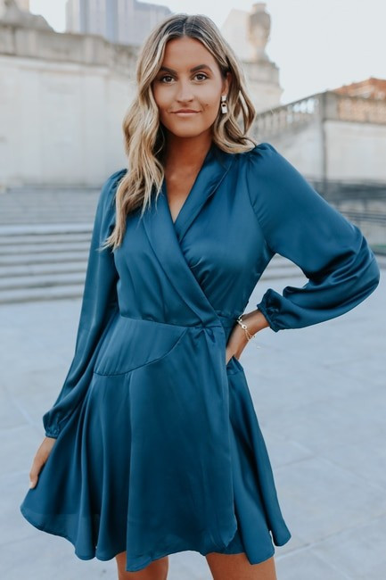 After Hours Teal Satin Wrap Dress | Magnolia Boutique