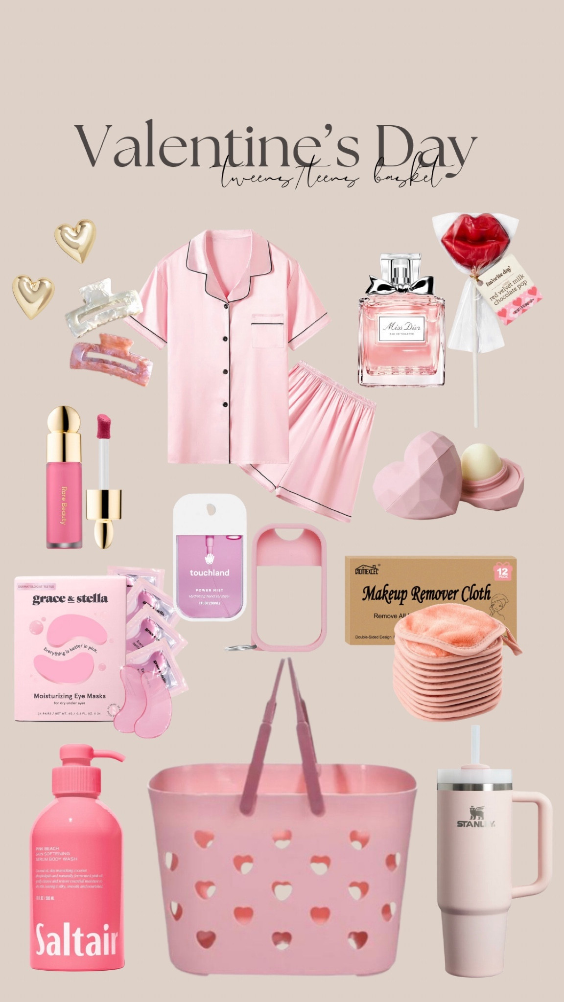 Valentine’s Day basket for tweens/teens

Valentine’s Day gift idea 
Valentine’s Day teens 
Valentine’s Day tweens 
Pink gift
Pink gifts 
Vday gift guide 
Tweens gift guide 
Teens gift guide 
Valentine’s Day 
Gift guide for her 
Valentine’s Day gift guide for her 
Valentines Day
Valentines Day Kids Gifts 
Stanley 
Rare beauty blush 
Satin pajamas 
Hair clips 
Saltair Body wash 
Lip balm 
Makeup remover pads 
Heart shaped chocolate 
Miss Dior perfume 
Heart basket 
Stanley cup tumbler 
Touchland hand sanitizer 
Gold heart earrings 
Valentine’s Day basket filler 

#LTKSeasonal #LTKGiftGuide #LTKkids