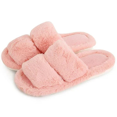 Spencer Women s Slippers Fuzzy Faux Fur Memory Foam Cozy Flat Spa Slide Slippers Comfy Open Toe Slip On House Shoes Anti-Skid Sole Size 5-10 US | Walmart (US)