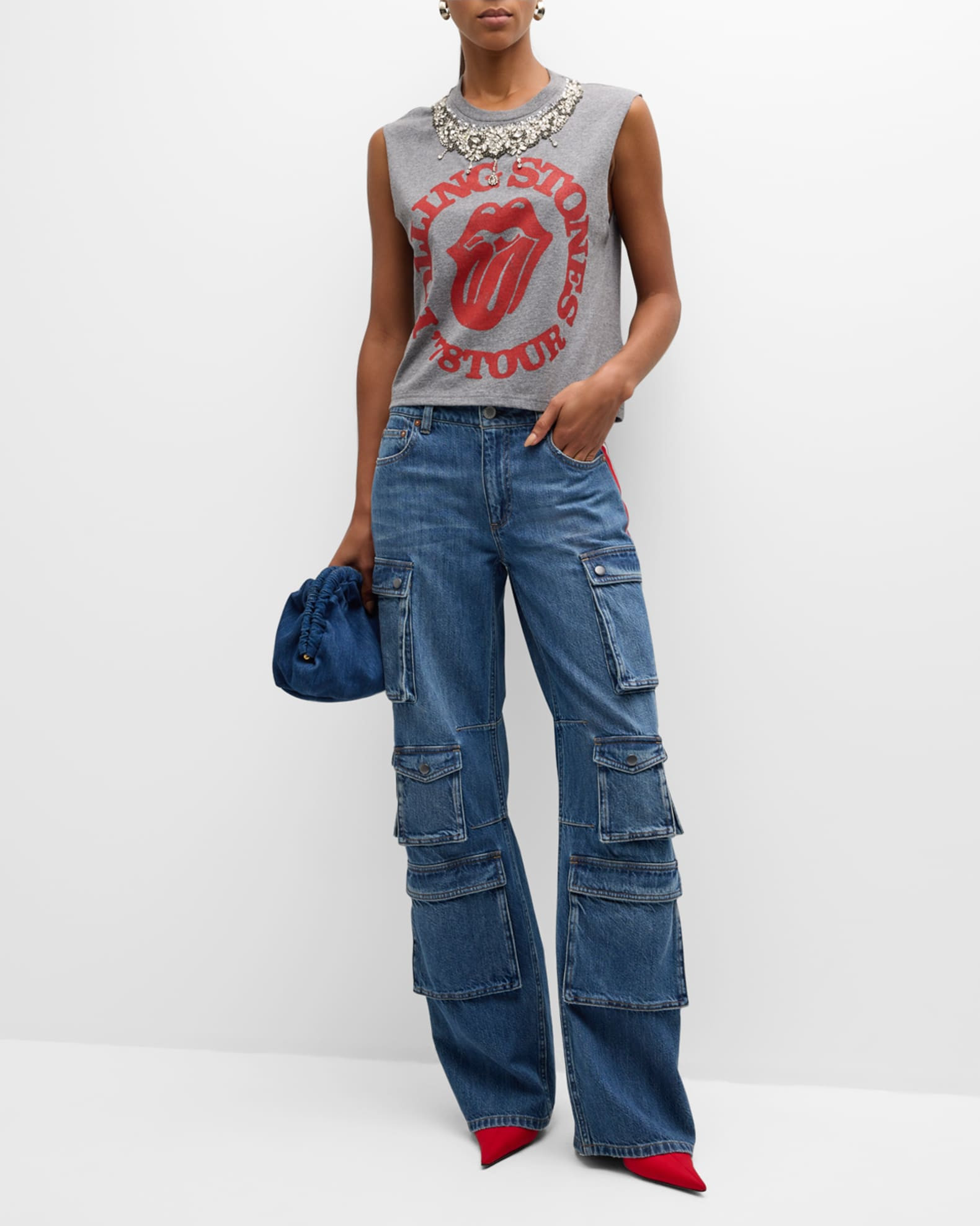 Olympia Mid-Rise Baggy Cargo Jeans with Side Stripes | Neiman Marcus