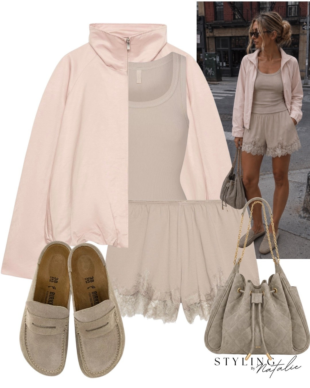 Pink lightweight bomber jacket, pull on jersey shorts with lace trim, skims tank top, Birkenstock suede Naples slip on loafer. 
*Bag is JW PEI Rowan Faux suede available on their website (unable to link) 

Summer, transitional outfit, new season, autumn jacket, summer jacket, Zara, Birkenstock, @Zara

#LTKsummer #LTKuk #LTKeurope