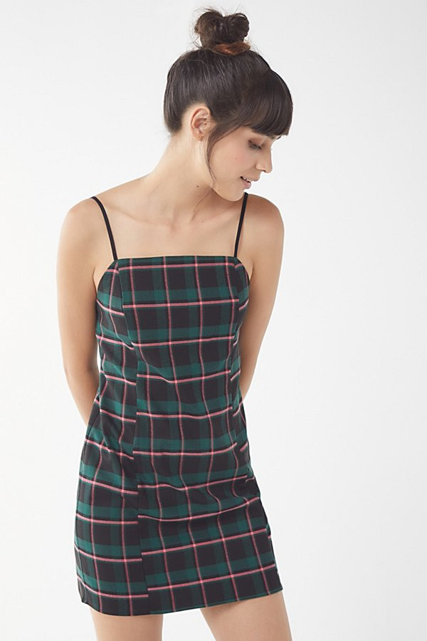 UO Checkered Mini Slip Dress - Green S at Urban Outfitters | Urban Outfitters (US and RoW)