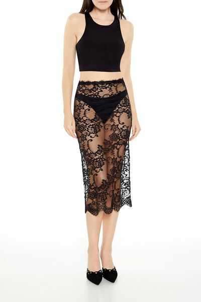 Sheer Lace Scalloped Midi Skirt | Forever 21