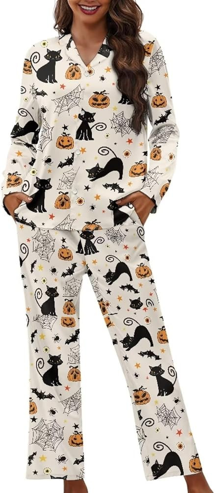 Halloween Pajamas Womens Pajama Sets Button Down Pjs WomanSleepwear Soft Pj Lounge Sets | Amazon (US)