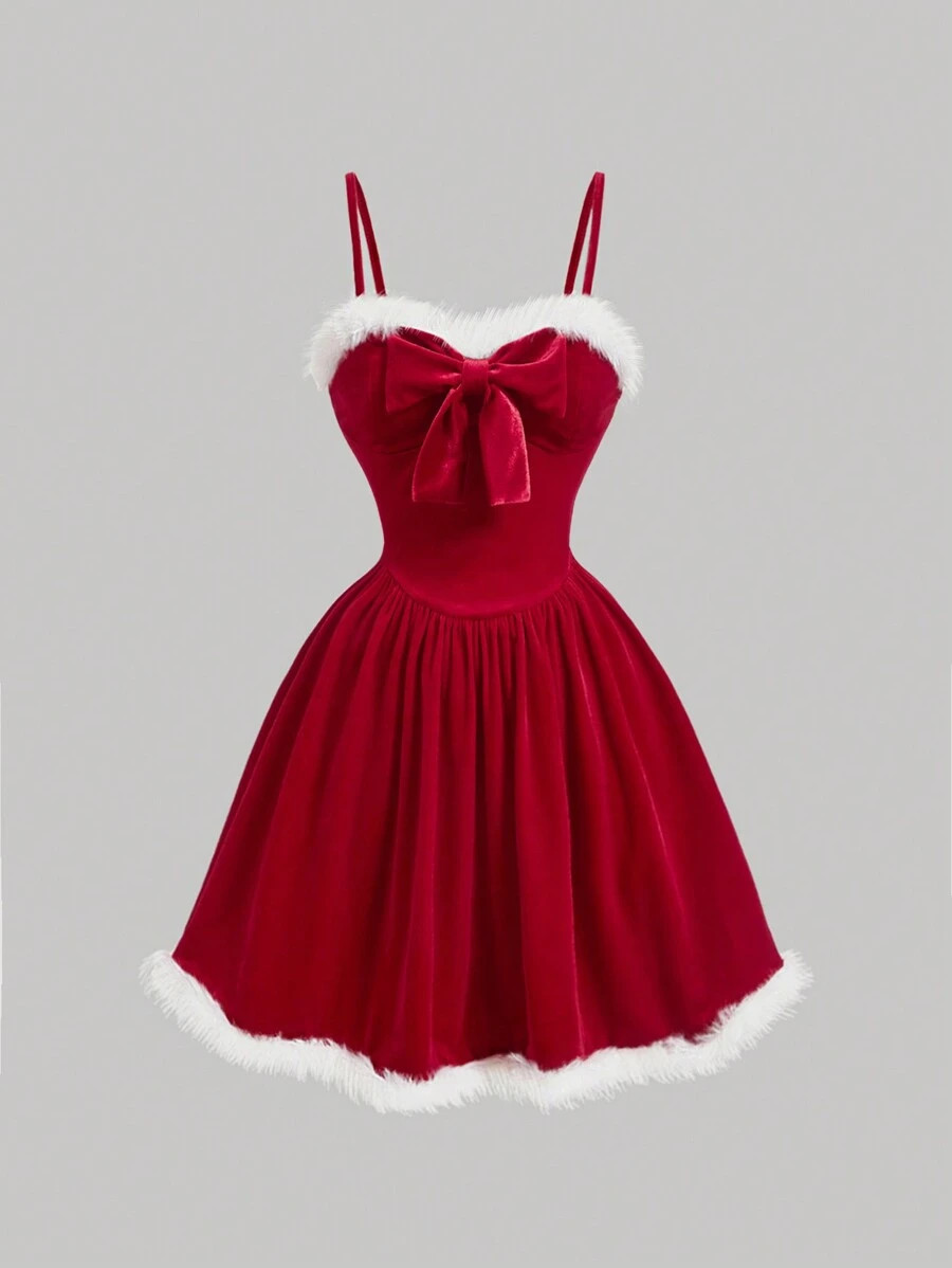 SHEIN MOD Fur Collar Bow Tie Midi Velvet Red Slip Dress ,Red Women Dresses,Christmas Women Dress,... | SHEIN