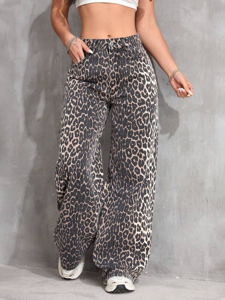 Leopard Print Denim Long Pants, Casual & Fashionable For Everyday Wear | SHEIN