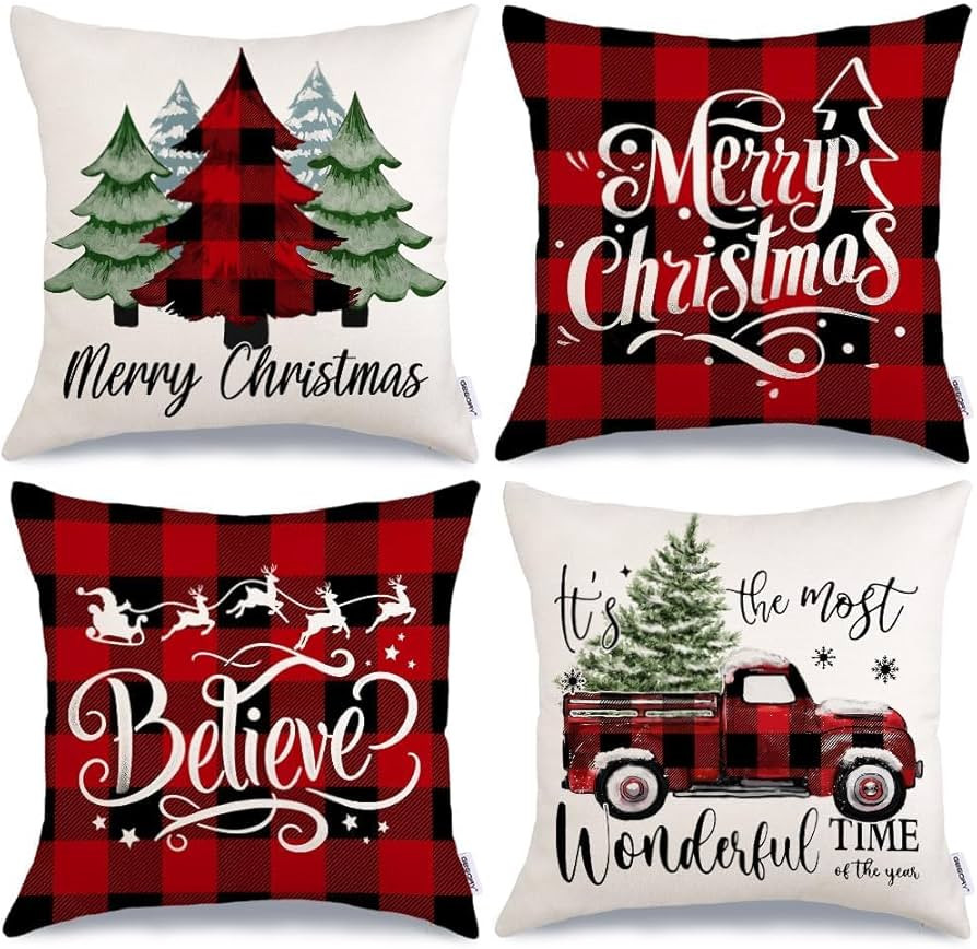GEEORY Merry Christmas Throw Pillow Covers 18x18 Inch Set of 4, Xmas Trees Truck Buffalo Plaid Be... | Amazon (US)