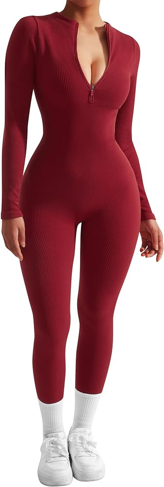 SUUKSESS Women Long Sleeve Ribbed Jumpsuit Zip up Front Workout Bodycon Romper | Amazon (US)