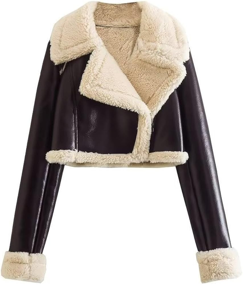 utcoco Womens Leather Jacket Faux Fur Moto Jacket Winter Trench Coat Cropped Shearling Jacket | Amazon (US)