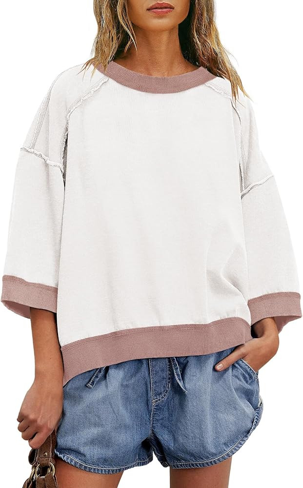 Yanekop Womens 3/4 Length Sleeve Tops Oversized Fall Sweatshirts Crewneck Striped Shirt Casual Pu... | Amazon (US)