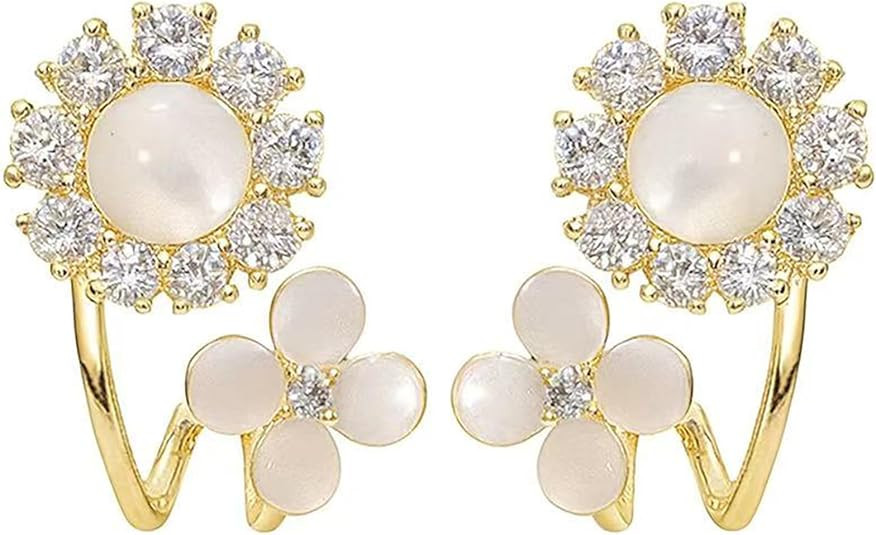 Gold Flower Pearl Wrap Earrings for Women 14K Zircon Fashion Vintage Wedding Bridesmaid Gifts Jew... | Amazon (US)
