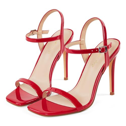Elisabet Tang Women's High Heeled Sandals 4 Inch Strappy Sling Back Stiletto Open Square Toe Heels with Ankle Straps at Wedding Party Prom Work Dating Red Patent Size 7.5 | Amazon (US)