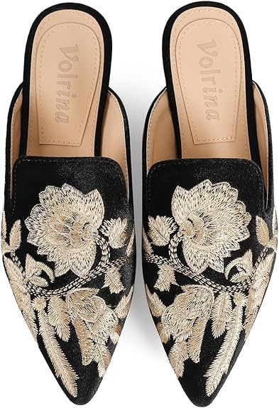 Amazon.com | Volrina Women's Velvet Backless Pointed Toe Loafers - Embroidered Slip On Mule Slipp... | Amazon (US)