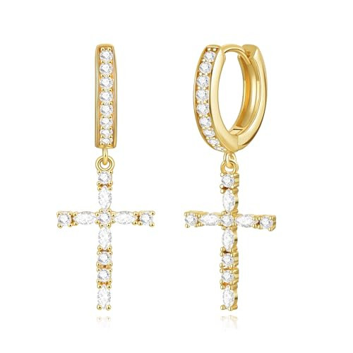 14K Gold Plated Dangling Cross Hoop Earrings for Women Men Gold Cross Earrings Cubic Zirconia Dangle Huggie Earrings for Women Jewelry Gift | Amazon (US)