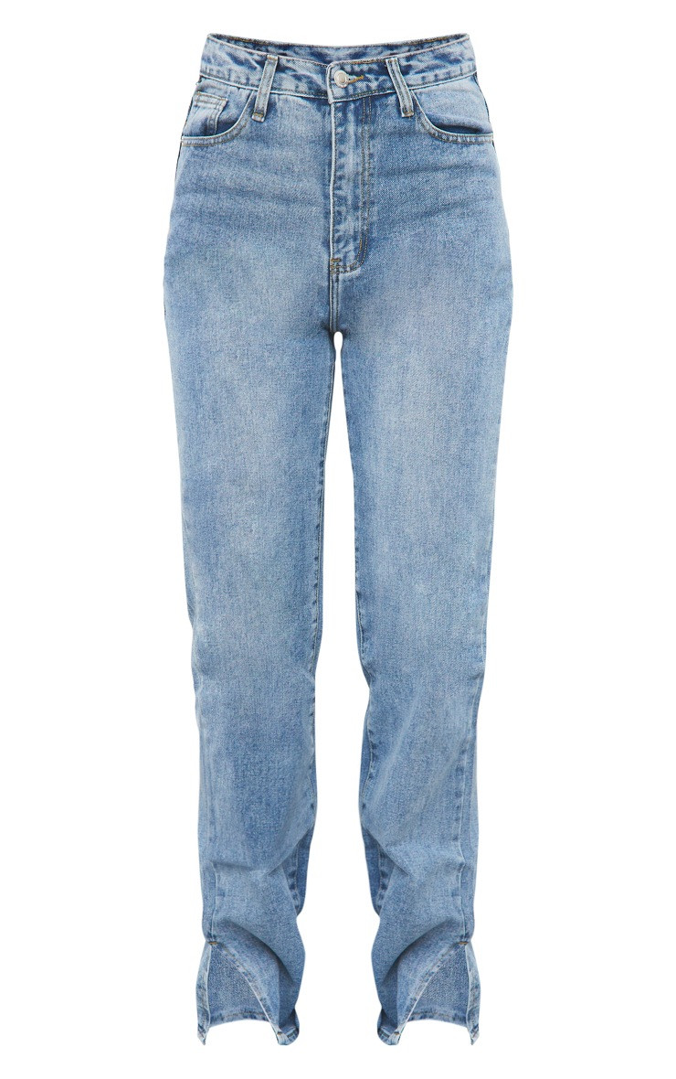 Mid Blue Wash Split Hem Straight Leg Jeans | PrettyLittleThing UK