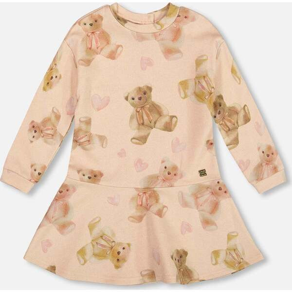 Glittering French Terry Dress, Beige Teddy Bear Print | Maisonette