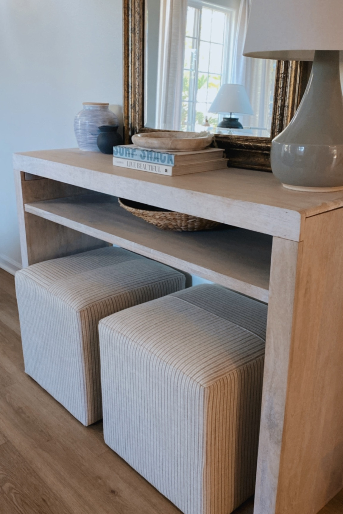 Entry console table entryway studio McGee ottoman 