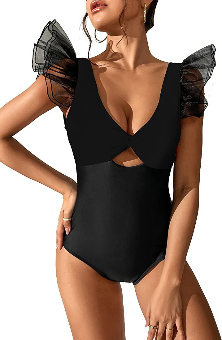 SPORLIKE Women One Piece Swimsuit Organza Ruffle Bathing Suit Twisted Front Swimwear | Amazon (US)