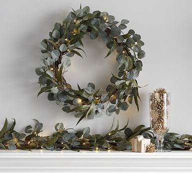 Pre-Lit Eucalyptus & Olive Wreath & Garland | Pottery Barn (US)