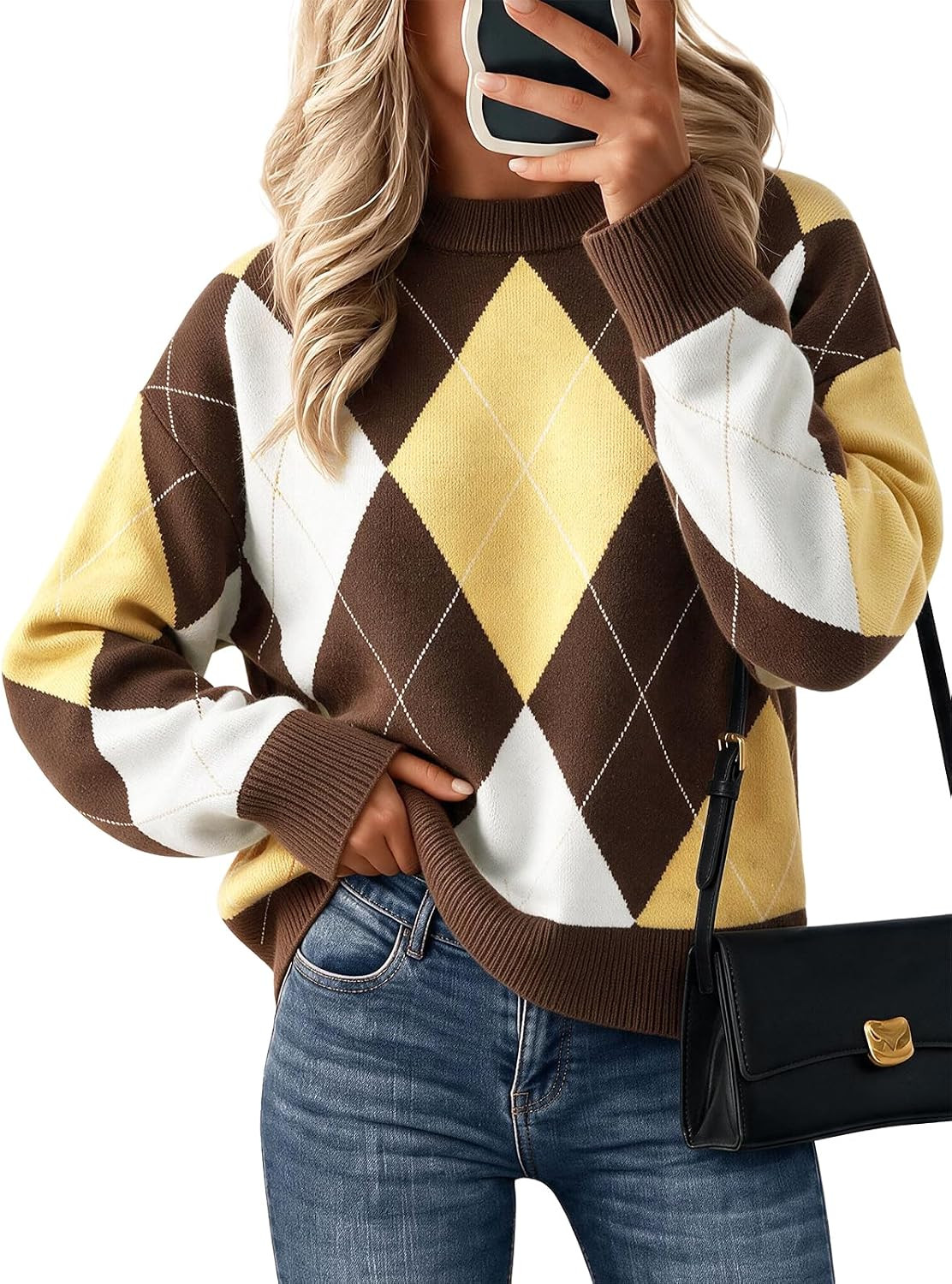 Cicy Bell Sweaters for Women Argyle Plaid Color Block Knit Pullover Tops | Amazon (US)