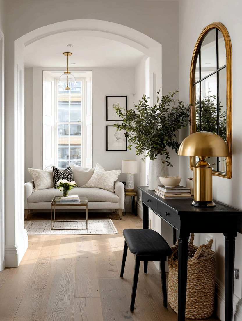 If your home still carries that flat, all-ivory look from past trends, this is one of the simplest ways to transition into something more elevated and intentional.

You do not need a full redesign, you need contrast.

A black console table instantly grounds the space. It adds depth and structure, creating a strong base that draws the eye. Now layer in a gold frame mirror. This is where the transformation begins. It reflects light, expands the space, and introduces warmth at the same time.

Finish the look with a modern dome-style gold table lamp. This piece adds sculptural interest and a soft glow that makes the entire setup feel refined and complete.

Then bring in a touch of nature. A simple olive branch or soft greenery adds movement and life, balancing the boldness of black and the warmth of gold.

Notice how this combination naturally becomes the focal point. Before anything else in the room, your eye is drawn here. That is the power of intentional styling.

This works beautifully in hallways, entryways, and living spaces, anywhere that feels flat or unfinished.

Explore our curated edit of console tables, gold mirrors, and statement lighting to create a space that feels modern, warm, and effortlessly elevated.

Because great design is often about what you add, not what you replace.

#entrywaydecor #homedecor #interiorstyling #modernhome 

 #LTKHome