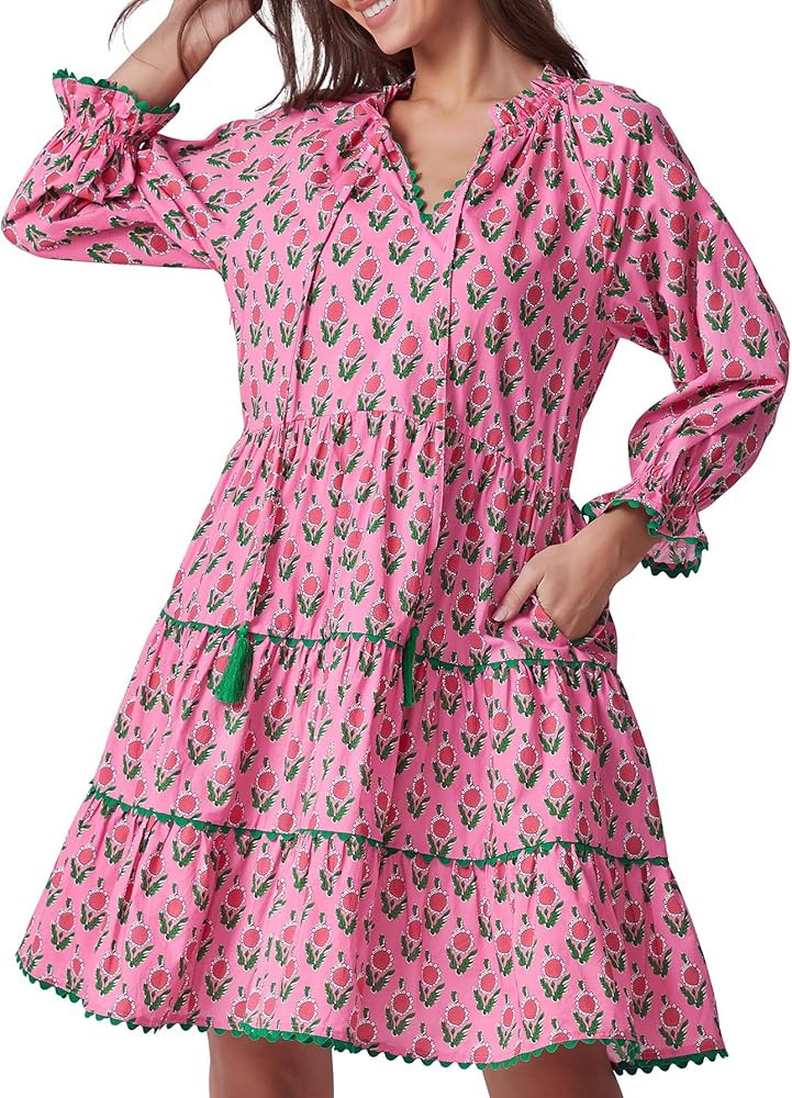 Kedera Womens Casual Mini Dress Long Sleeve Floral Ruffle V Neck Fall Loose Boho Babydoll Dresses... | Amazon (US)