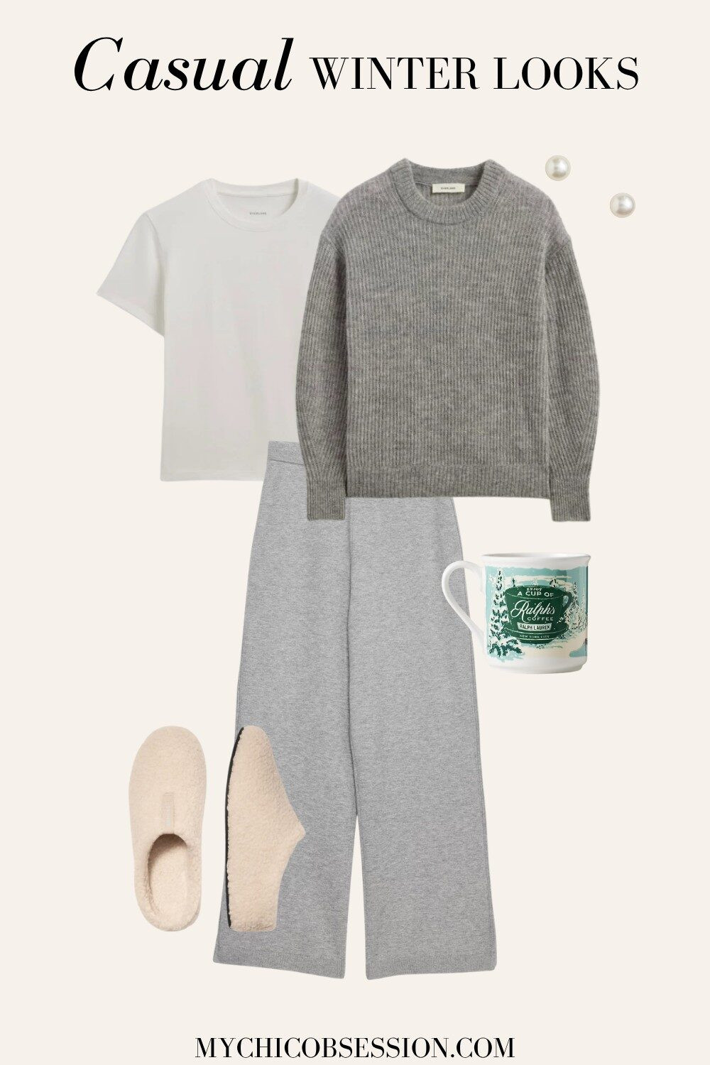 Style a cute casual winter outfit perfect for curling up inside to watch a Christmas movie this season. Layer a cozy Everlane sweater over a white t-shirt, paired with classic gray sweatpants. Add a pair of shearling slippers and pearl earrings and you're ready to hit play! 

 #LTKHoliday #LTKSeasonal