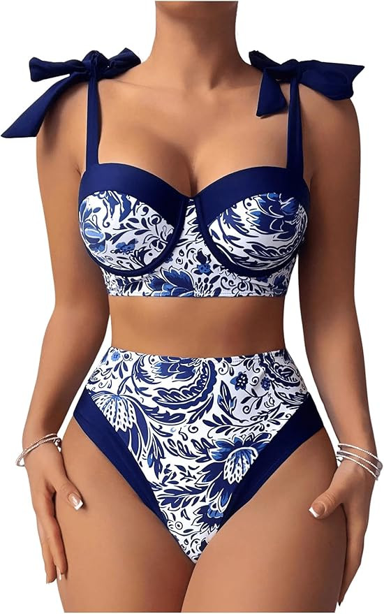 MakeMeChic Women's 2 Piece Bikini Set Floral Print Tie Shoulder Contrast Binding High Waisted Swi... | Amazon (US)